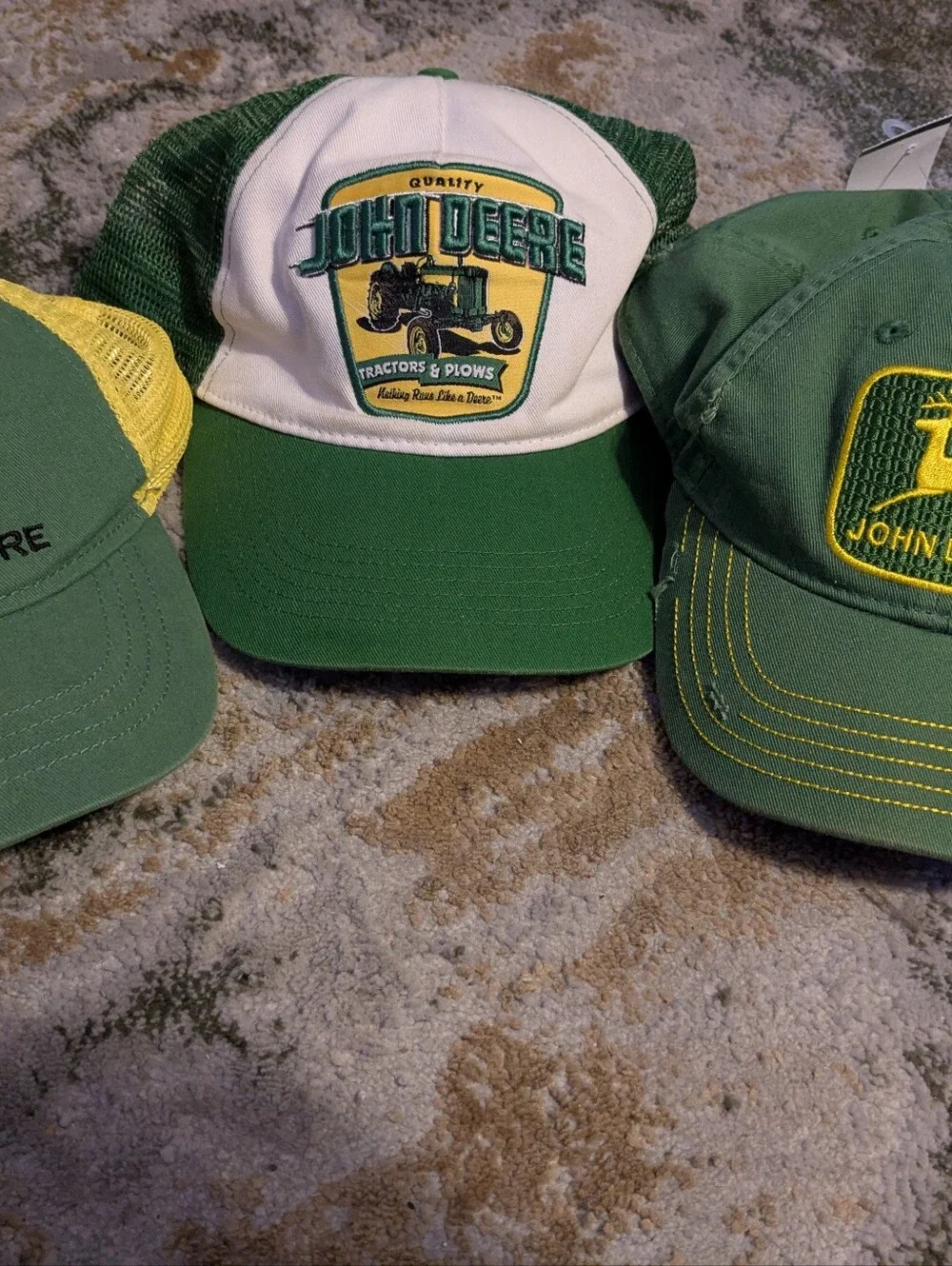 A Trio Of John Deere Kids Green, White and Yellow Patch Cap